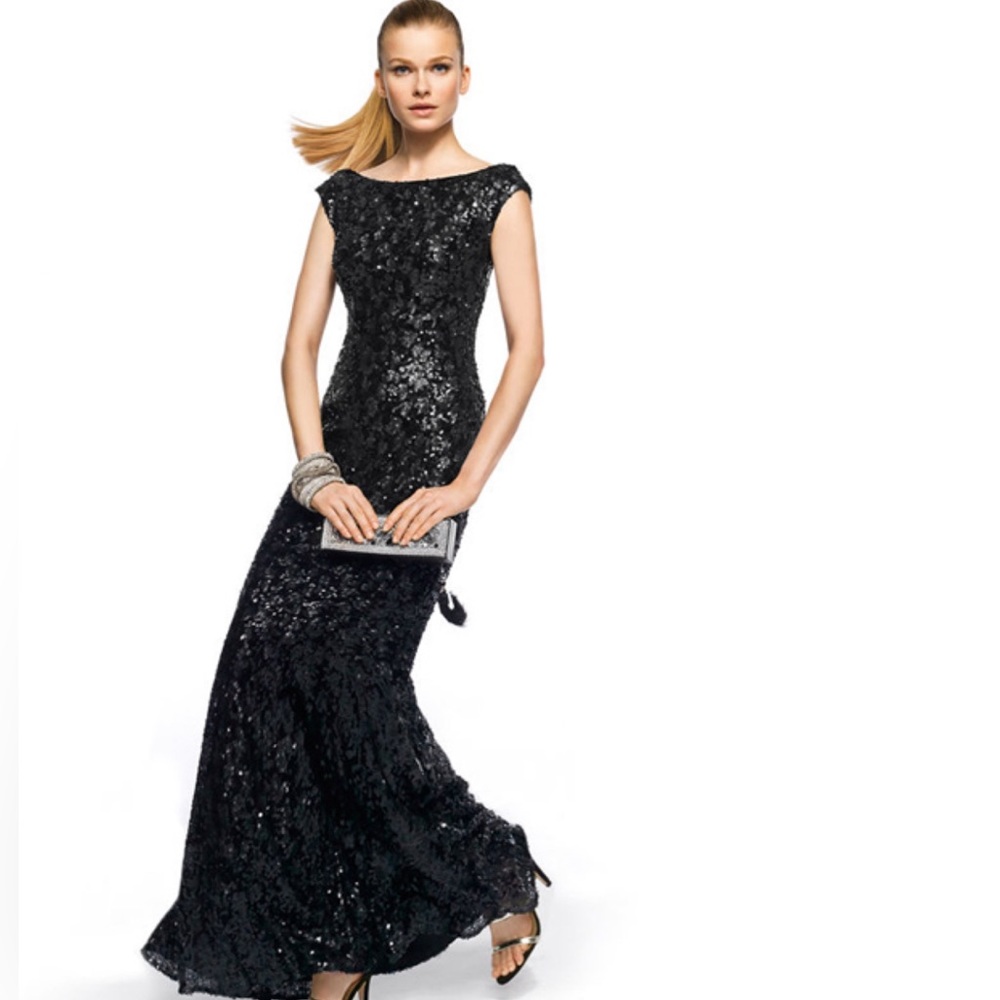 Pronovias black sequin formal maxi gown